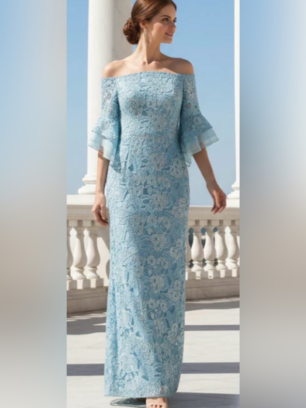 Adriana Pappel Light Blue Lace Midi Dress with Sheer Bell Sleeves size 6